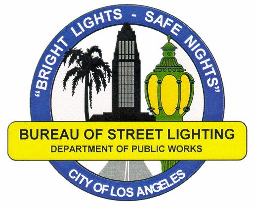 Los Angeles Bureau of Street Lighting Logo City of Los Angeles Bureau of Street Lighting emblem with City Hall, a palm tree, and a streetlight, plus the motto ‘Bright Lights – Safe Nights.’”